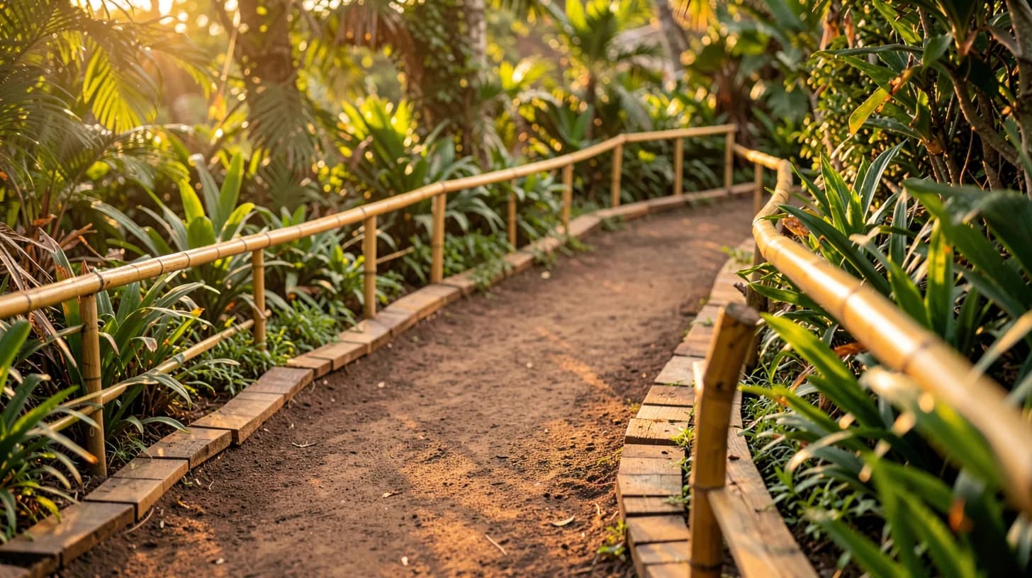 Low view along a gently sloping compacted earth path edged with timber, a smooth bamboo handrail running alongside through tropical planting.