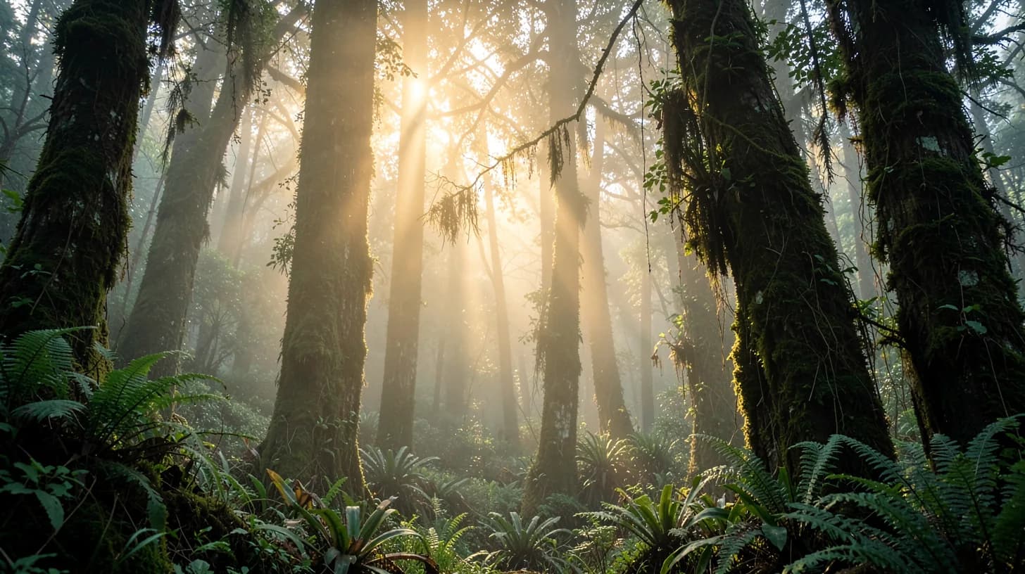 Shafts of morning light cutting through fog between moss-covered trunks in an Andean cloud forest, ferns and hanging epiphytes in the foreground.