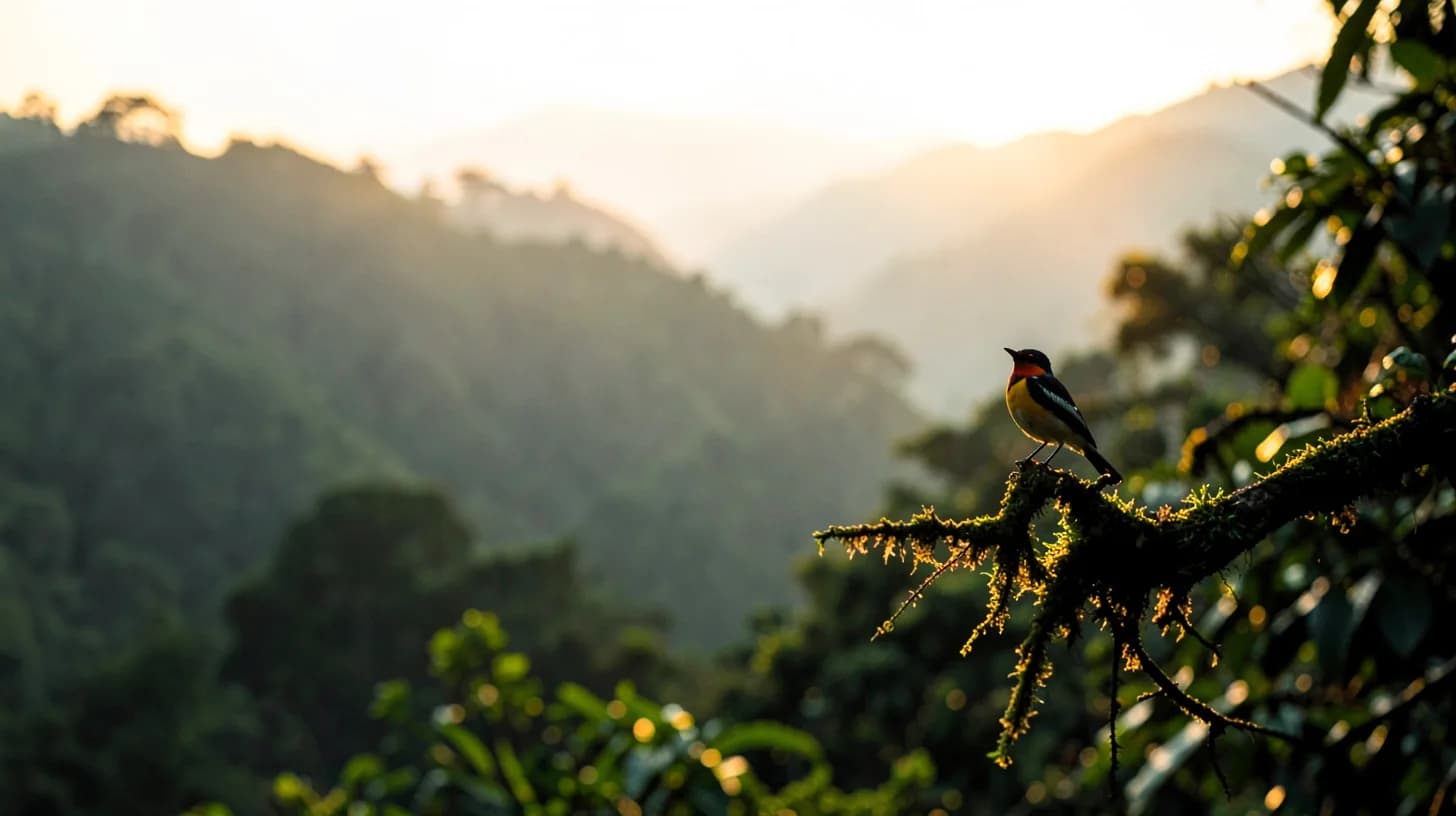 Misty layered green Andean ridges at dawn seen through backlit foliage, with a small bright tropical bird silhouetted on a mossy branch in the foreground.