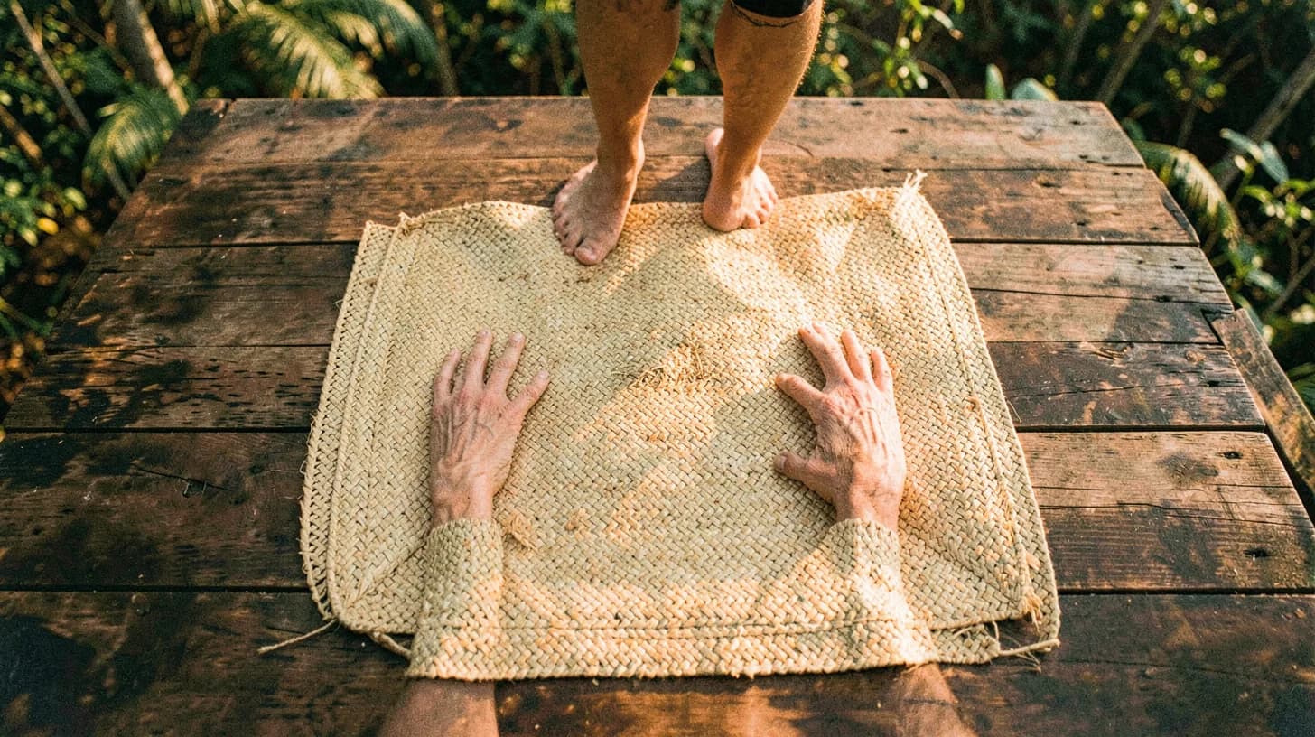 Overhead view of bare feet and open palms pressed to a woven straw mat on a wooden terrace in warm morning light.
