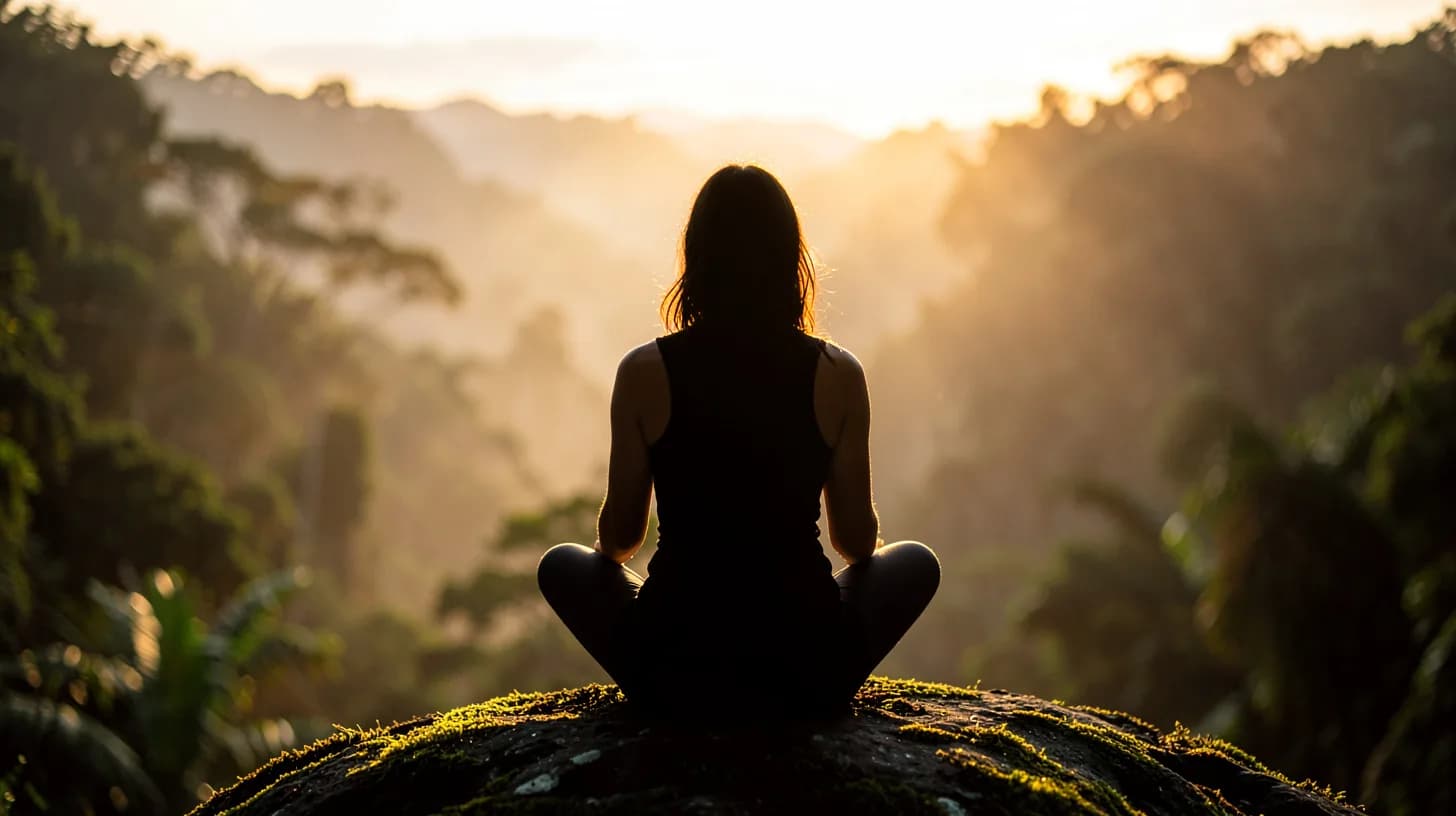 Silhouette of a woman seen from behind sitting on a mossy rock at dawn, mist drifting through a tropical valley in golden backlight