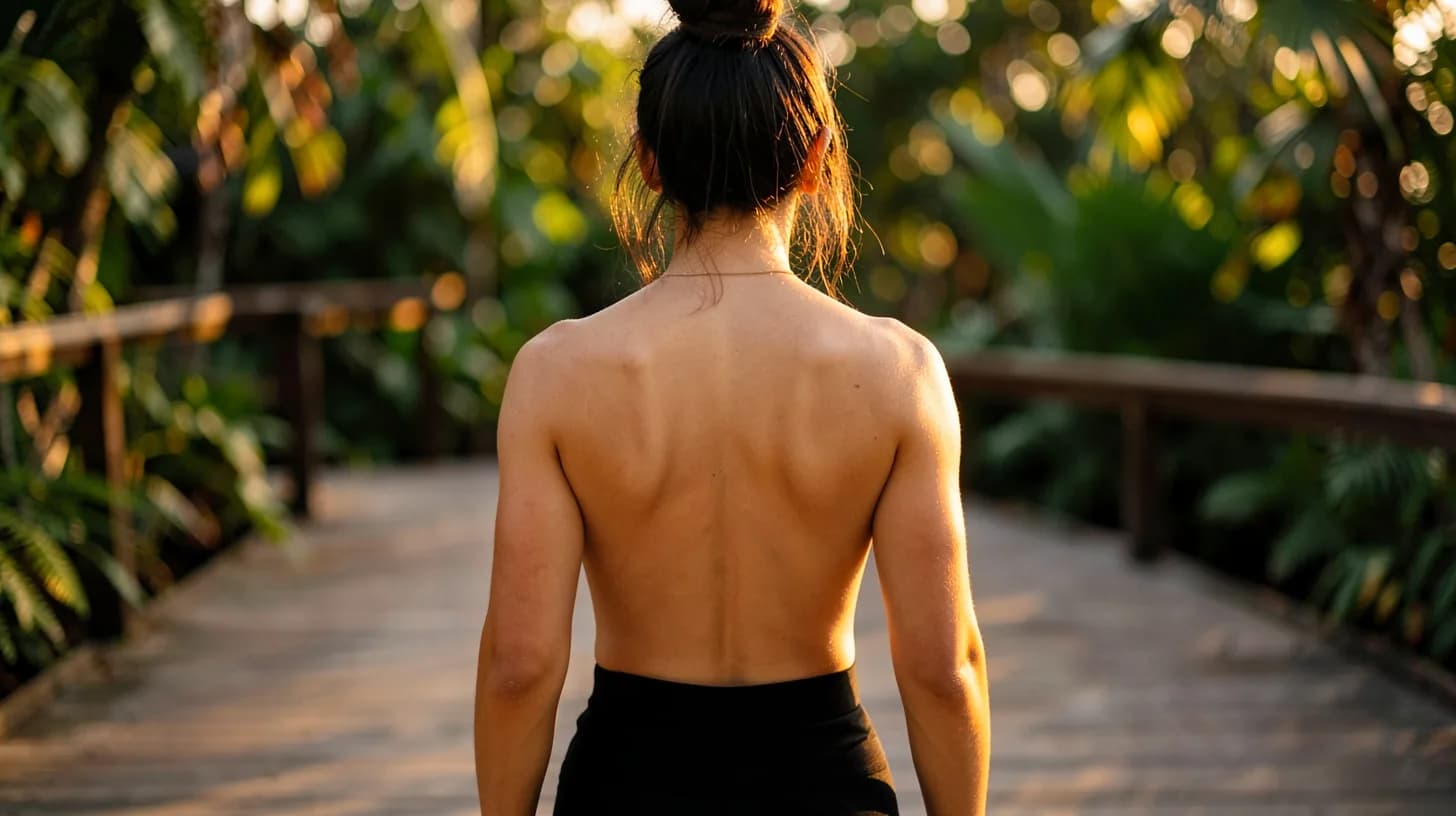A woman's back and shoulders seen from behind in low golden side light on an open-air wooden deck, tropical foliage blurred behind