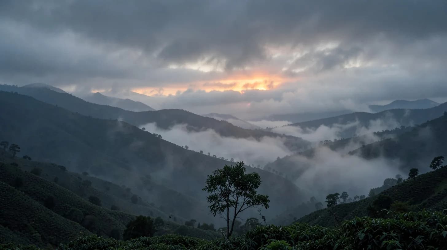 Low cloud and mist pressing over layered Andean coffee hills at first light, with a single tree in the foreground