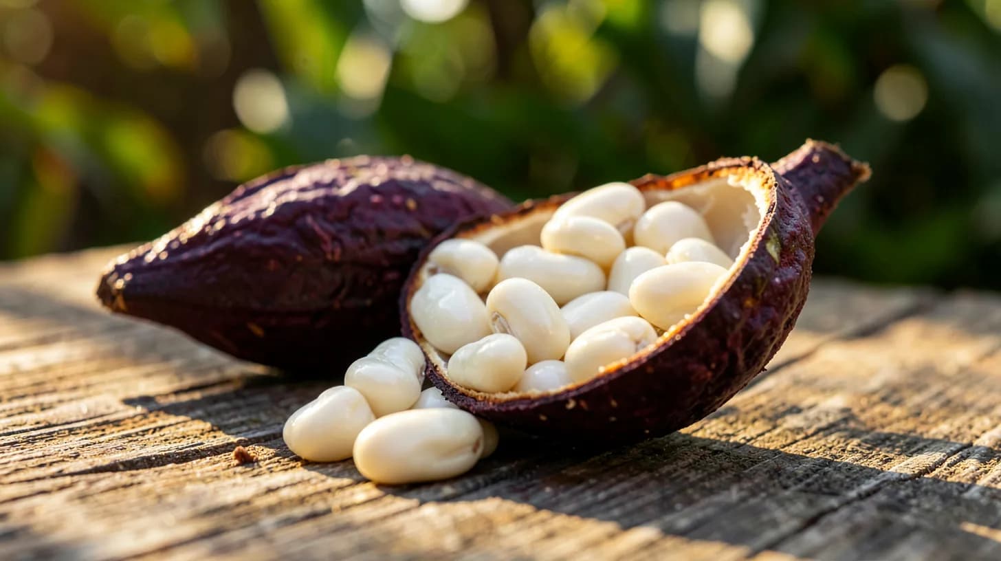 Close-up of a freshly split cacao pod on a weathered wooden table, white pulp-covered beans spilling from the husk in warm golden light.