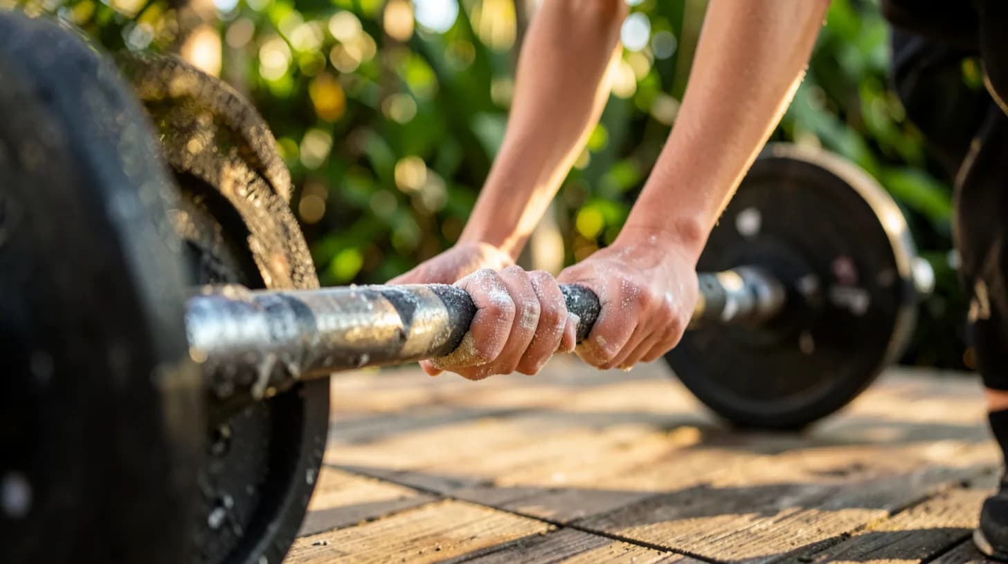 Low-angle close-up of a woman's chalked hands gripping a barbell on a wooden outdoor platform, warm morning light and tropical greenery behind.