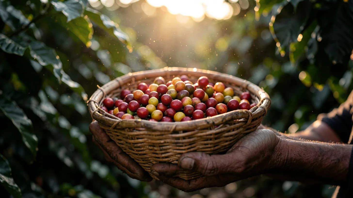 Hands holding a woven basket full of ripe red and yellow coffee cherries, backlit by warm afternoon sun with coffee leaves blurred behind.