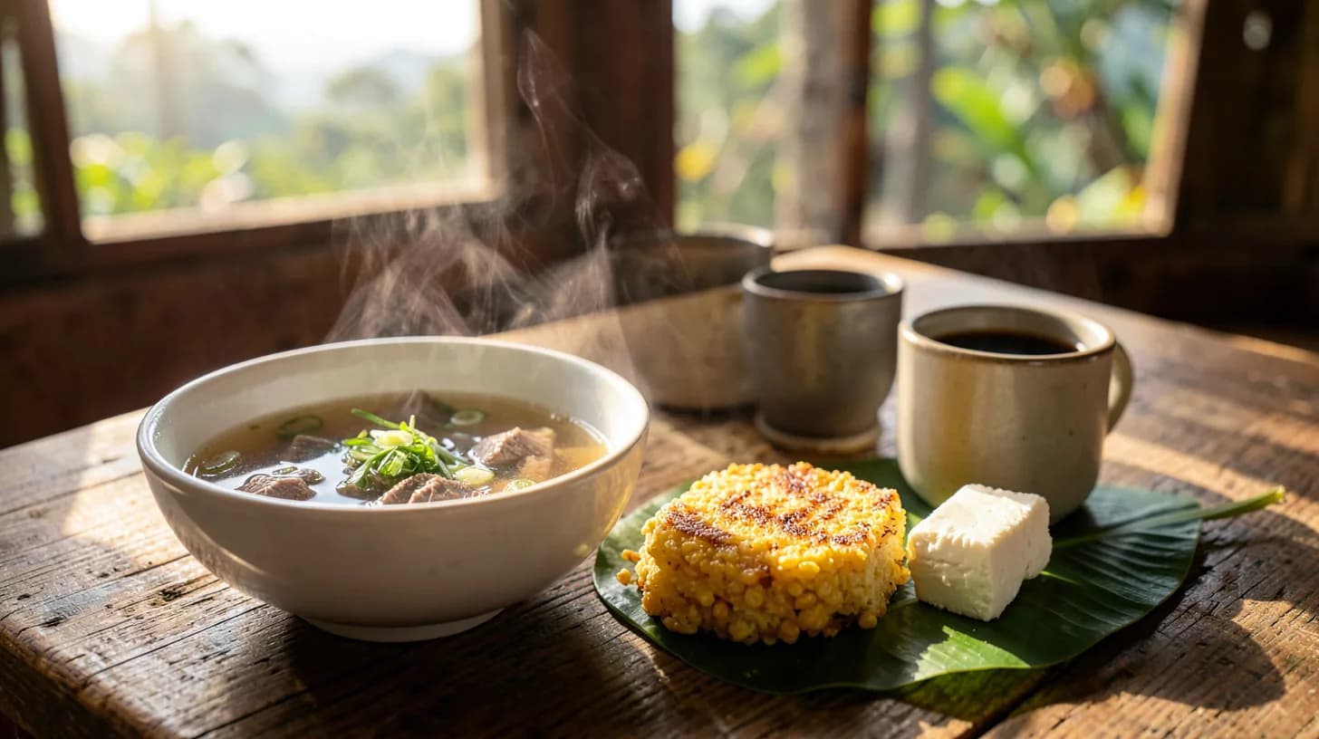 Rustic breakfast table in warm morning light with a steaming bowl of clear broth, a golden griddled corn cake, fresh white cheese on a plantain leaf and a small black coffee.