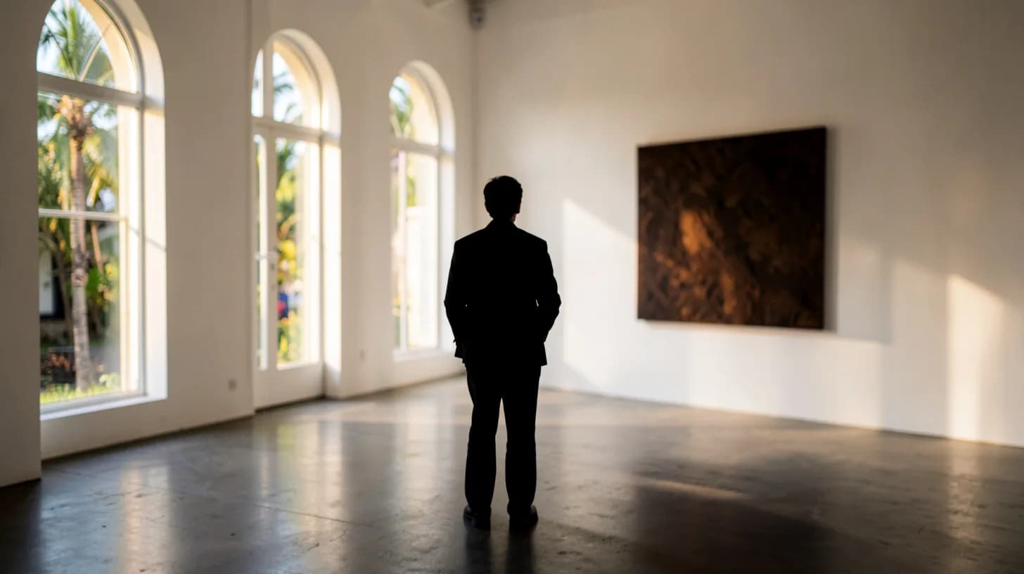 Silhouette of a visitor seen from behind in a bright white-walled gallery, late afternoon light falling across a polished concrete floor.