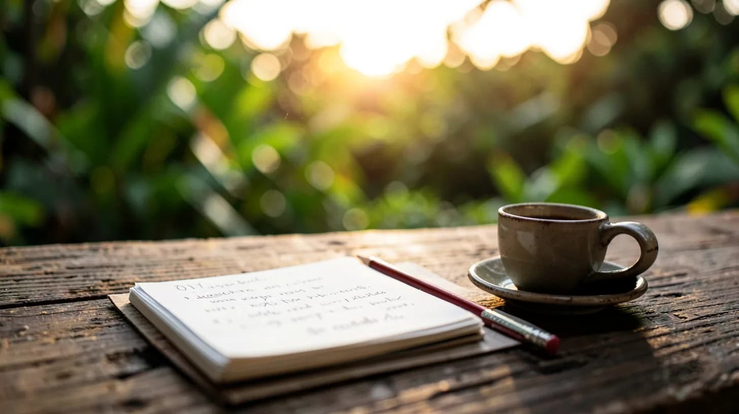 Close-up of a small notebook and pencil next to a tiny cup of black coffee on a rustic wooden counter, blurred tropical greenery in warm morning backlight.
