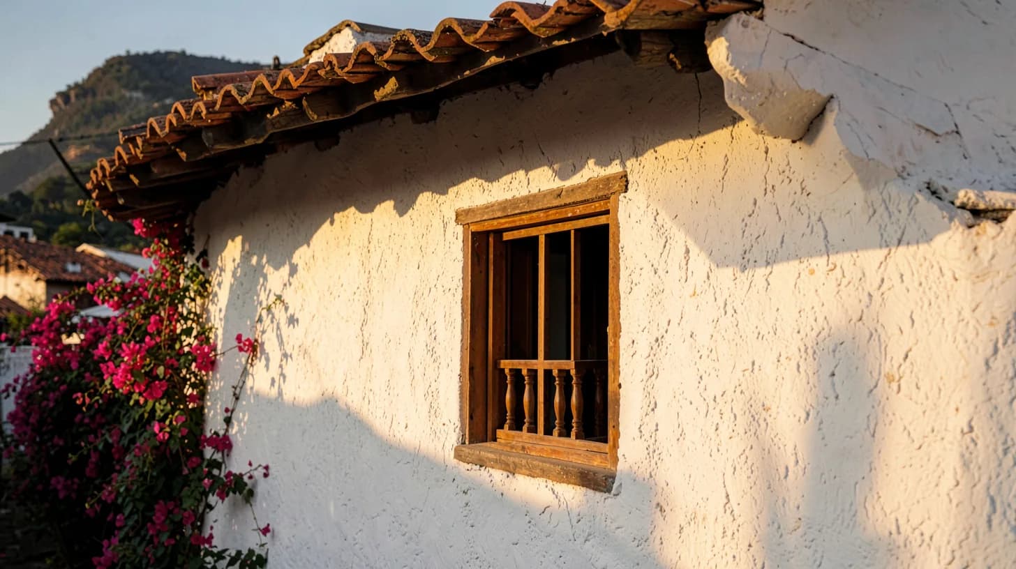 Detail of a whitewashed rammed-earth wall with a deep wooden window and terracotta roof tiles casting a hard diagonal shadow in late golden light.