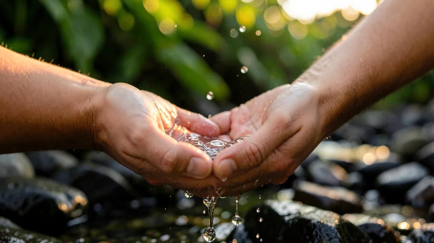 Macro view of two cupped hands lifting clear river water, droplets catching golden light above dark stones