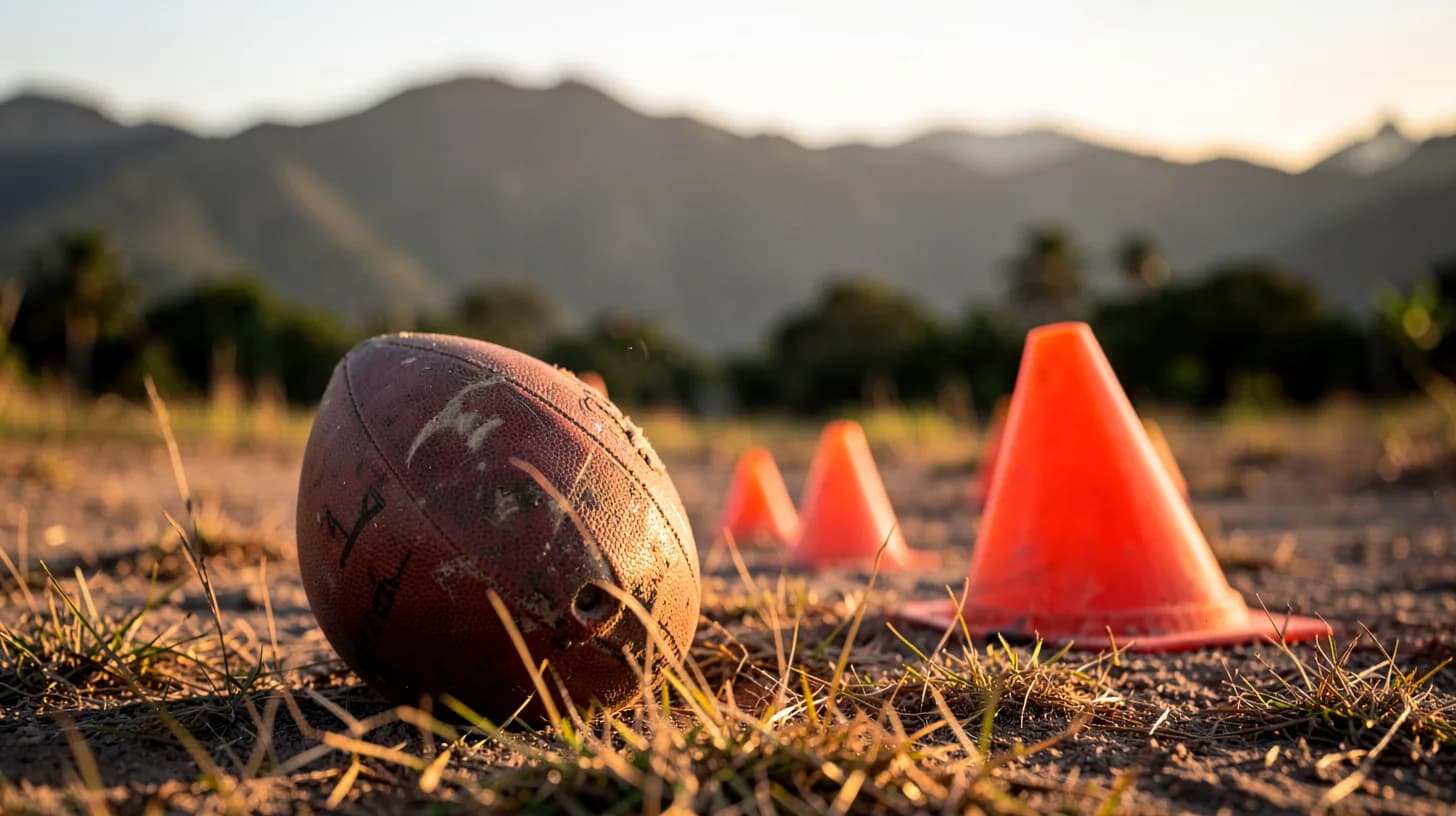 Ground-level view of a scuffed football and orange training cones on a dusty rural pitch in warm evening light, mountains blurred behind
