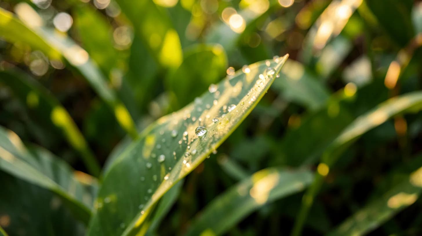 Macro photograph of a single dew-covered heliconia leaf sharply in focus, with dozens of other tropical leaves dissolving into green bokeh behind it
