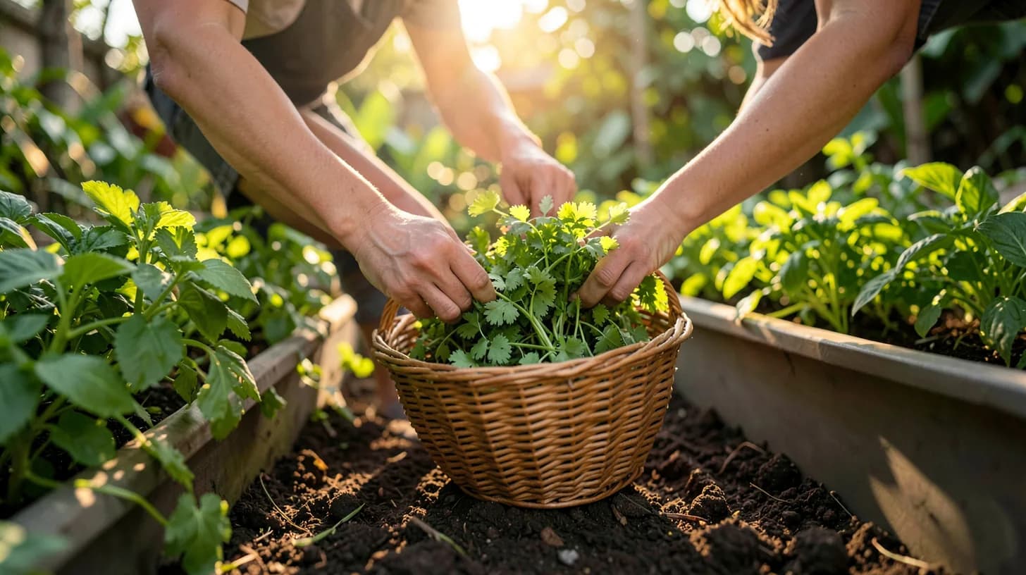 Low-angle view of a woman's hands harvesting cilantro and basil into a woven palm basket in a lush tropical kitchen garden at golden hour.