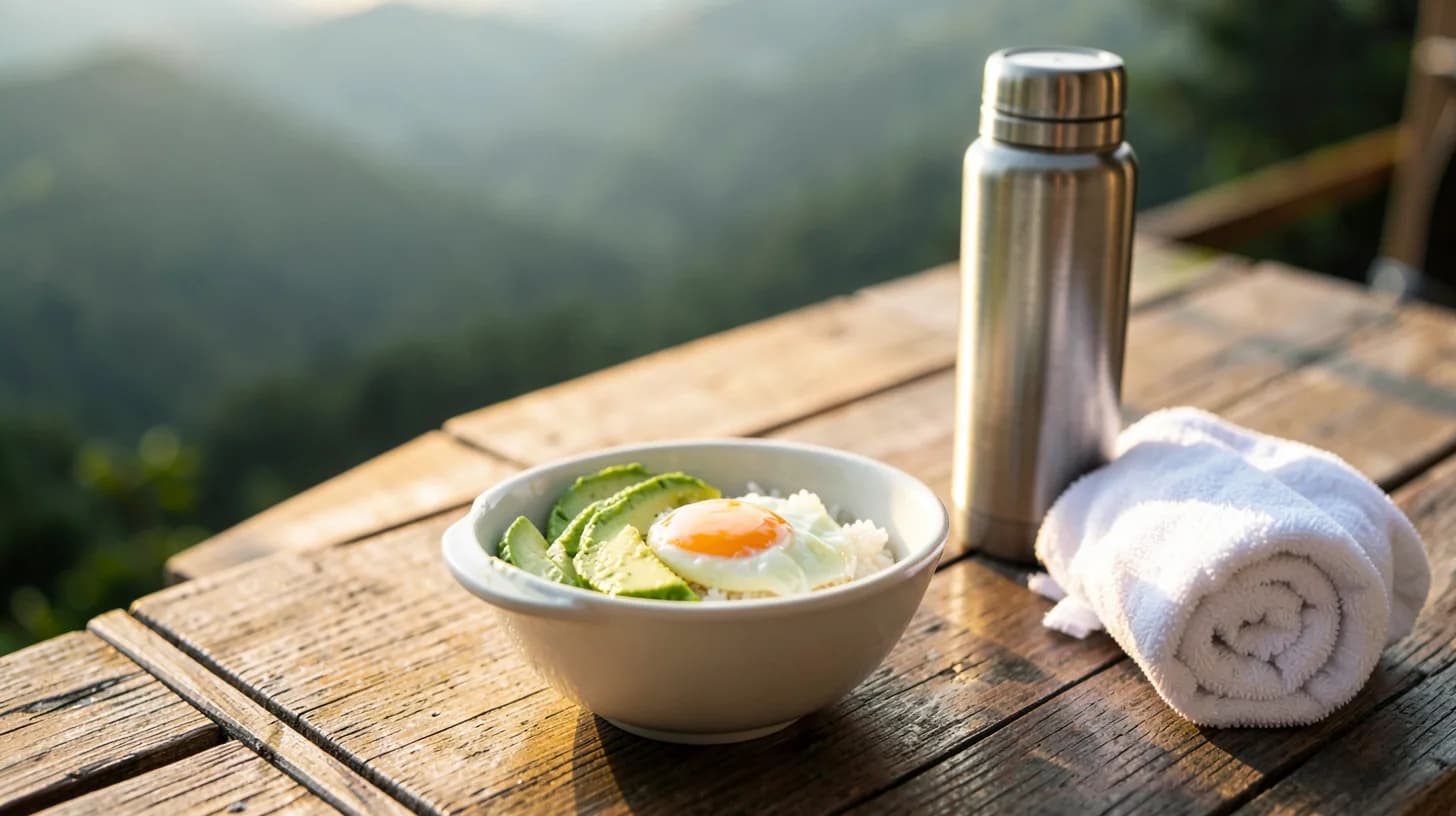A simple breakfast bowl on an outdoor terrace table beside a water bottle and a rolled towel in early golden light.