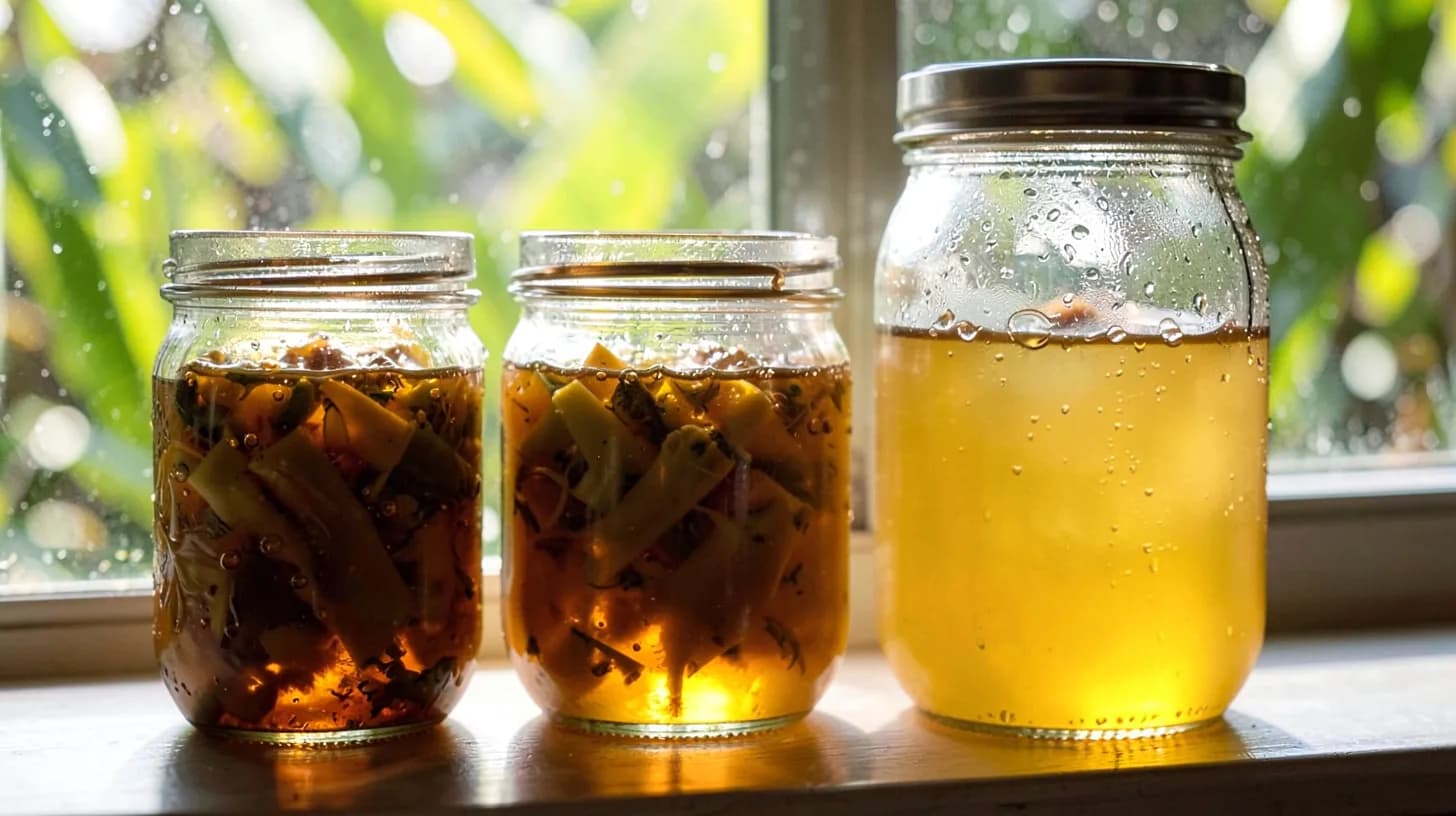 Backlit glass jars of fermenting vegetables on a sunlit windowsill, bubbles rising through amber brine.