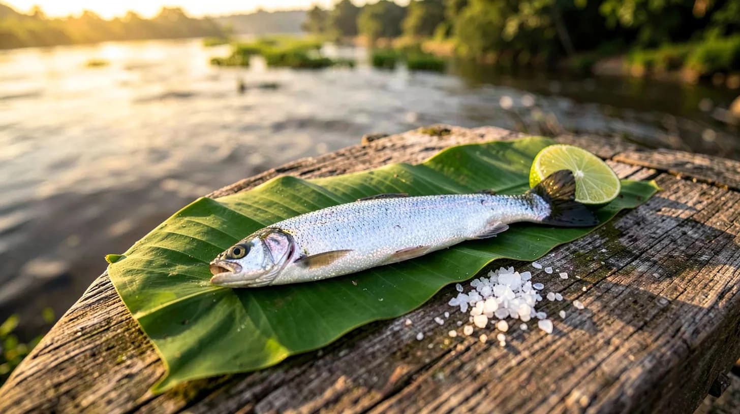 Overhead view of a whole silver river fish on a green plantain leaf beside a halved lime and coarse salt, on a weathered wooden table in warm afternoon light.