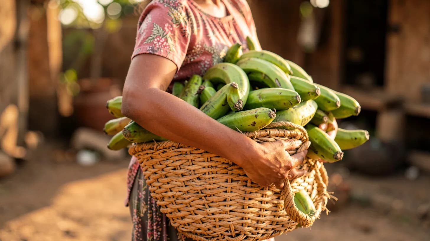 Close-up of a woman's forearms carrying a heavy woven basket of green plantains against her hip in warm afternoon light