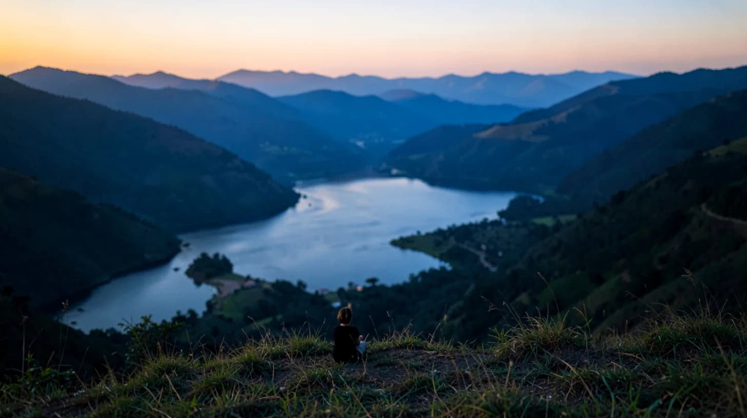 Wide dusk landscape of layered blue hills above a river valley, with a small lone silhouette seated on a grassy ridge with her back turned