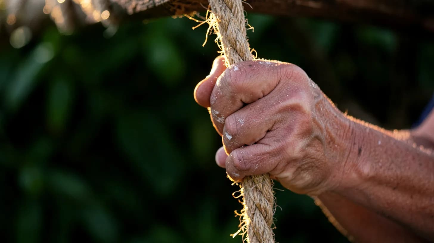 Close-up of weathered hands gripping a thick knotted rope, chalk on the knuckles, warm backlight through green foliage.