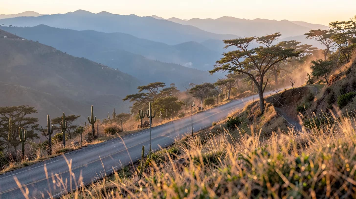 A two-lane road curving through the dry upper Magdalena valley at golden hour, with layered blue Andean ridges fading into the haze.