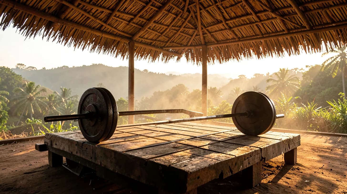 A loaded steel barbell resting on a wooden platform in an open thatched pavilion, golden light across the iron plates