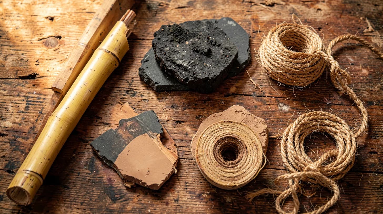Overhead flat lay of building material samples on a weathered workbench: guadua bamboo, volcanic stone, timber, raw clay, palm fibre and rope.
