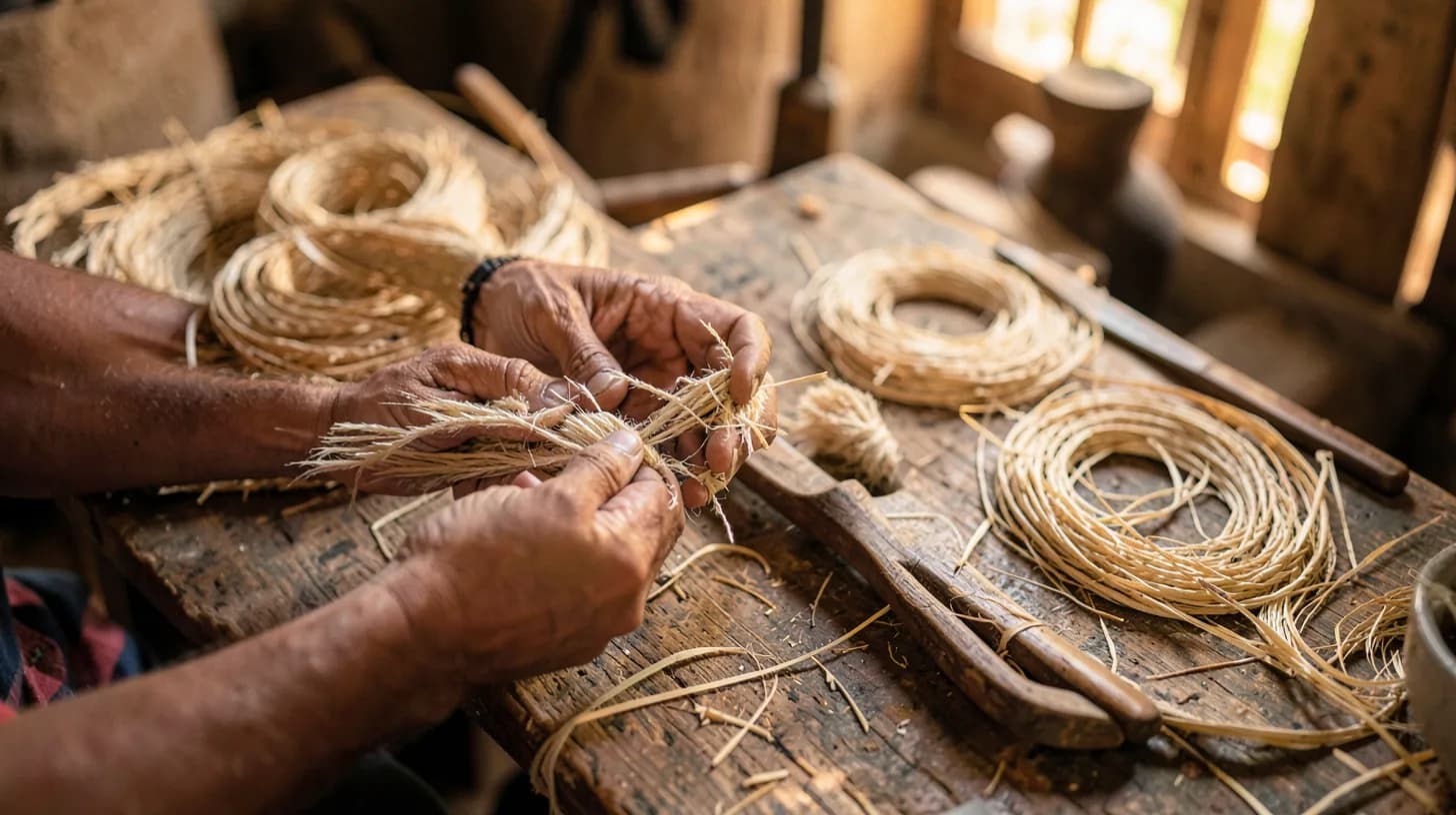 Overhead close-up of weathered hands weaving pale palm fibre into a hat brim, with coils of natural straw and wooden tools on a rough table in warm side light.