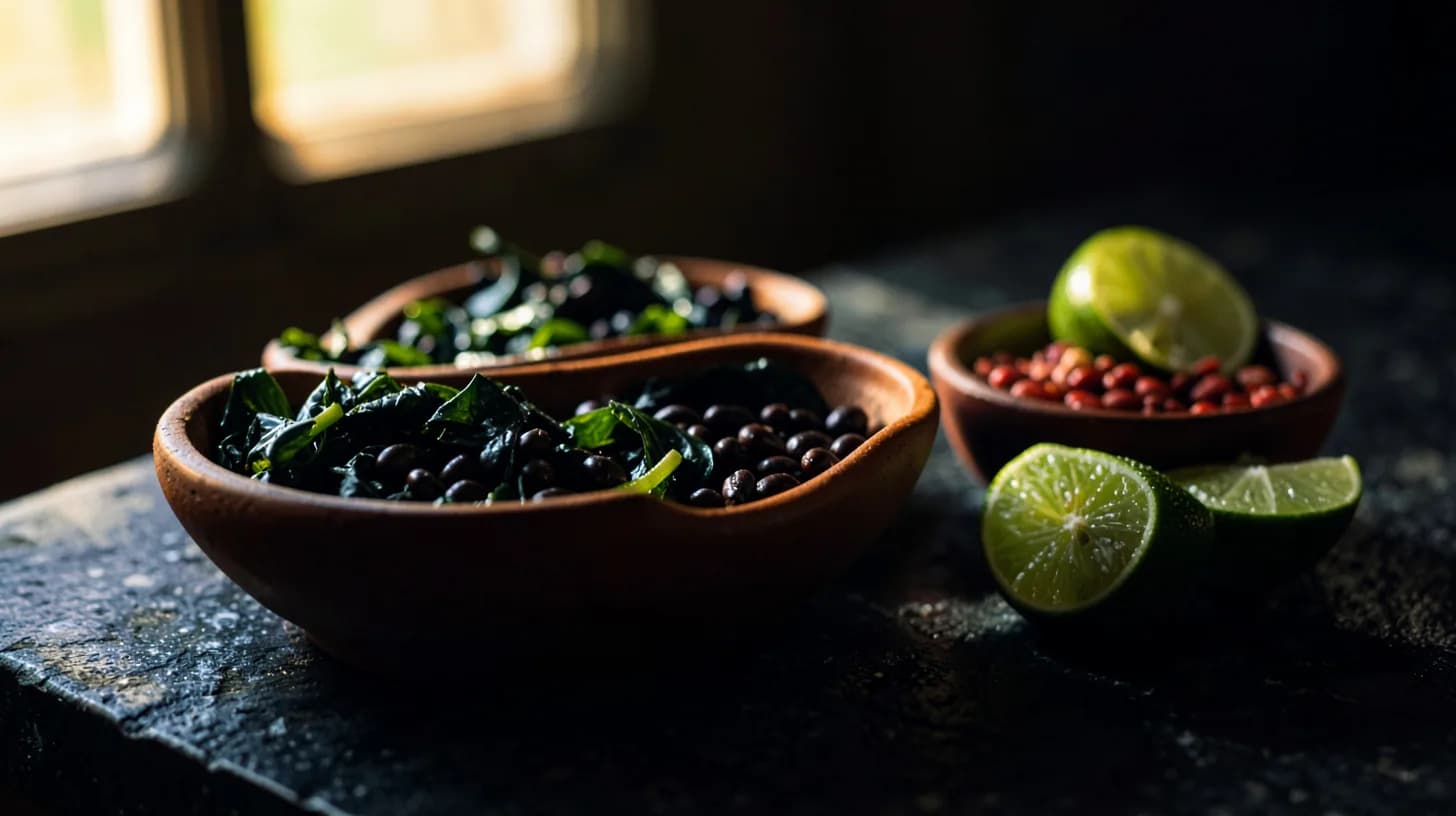 Still life of dark leafy greens, black beans and lentils in clay bowls on dark stone, backlit beside a halved lime.