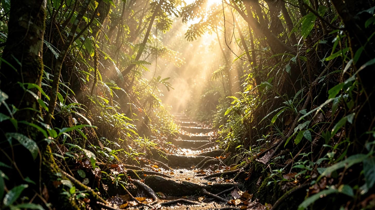 A narrow humid jungle trail in the Colombian Andes, shafts of golden light through wet foliage, steam rising from the leaf litter