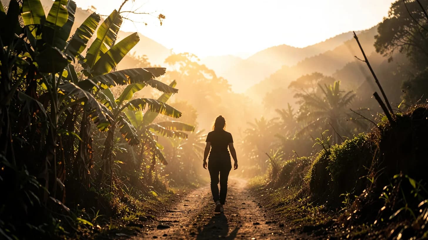 Backlit silhouette of a woman walking alone along an unfinished dirt track through misty tropical hills