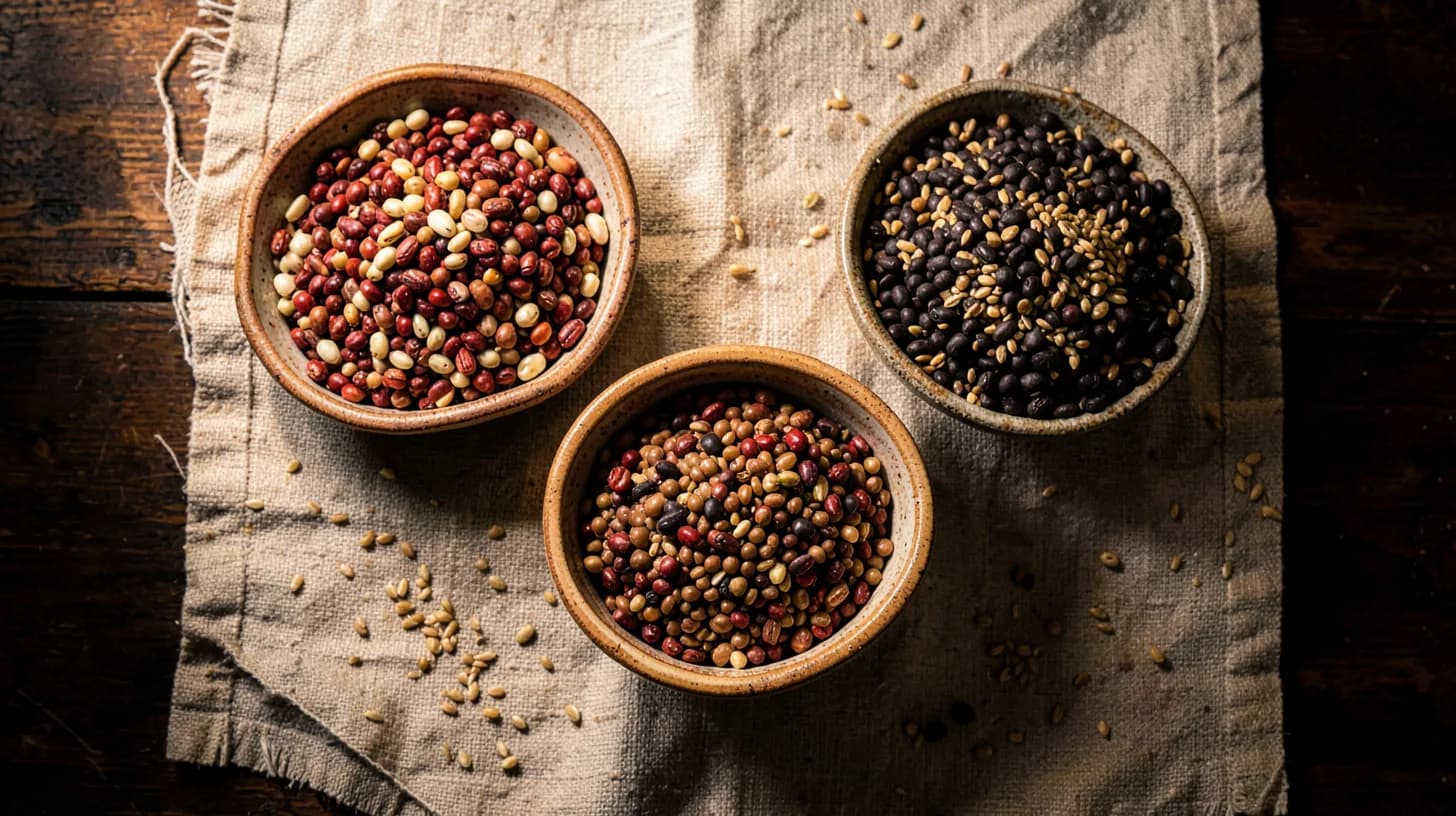 Overhead view of ceramic bowls filled with dried speckled Colombian beans, brown lentils and black beans on a coarse linen cloth over dark wood.