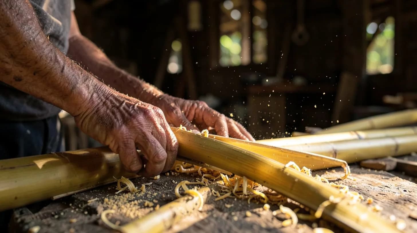 Close-up of weathered hands planing a length of golden guadua bamboo on a workbench, shavings suspended in a shaft of afternoon light