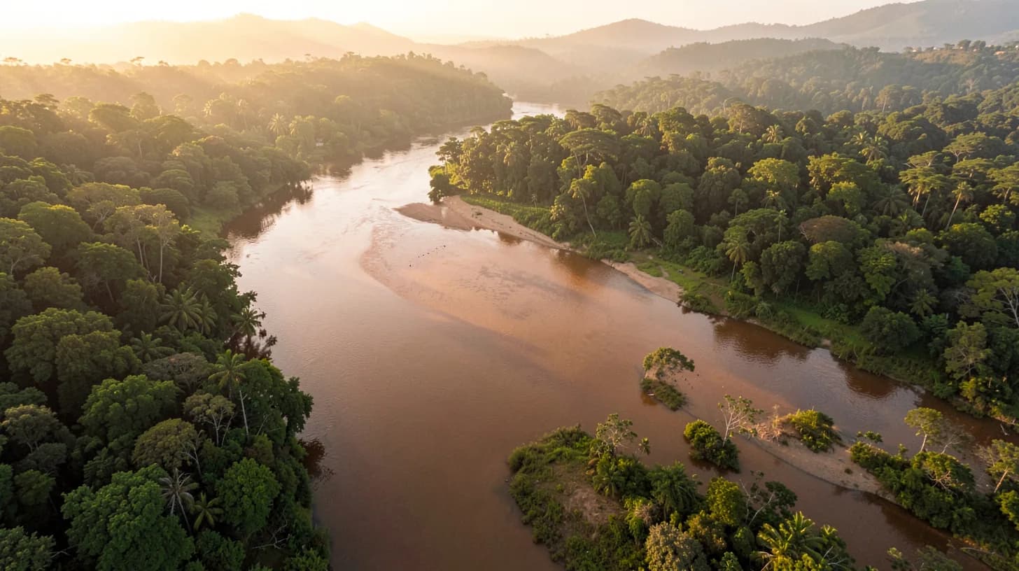 Aerial view looking down on a wide brown tropical river curving between dense green forest and pale sandbanks in late afternoon light.