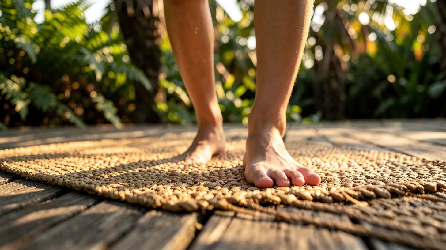 Bare feet planted on a woven fibre mat over a weathered teak deck in long golden morning light