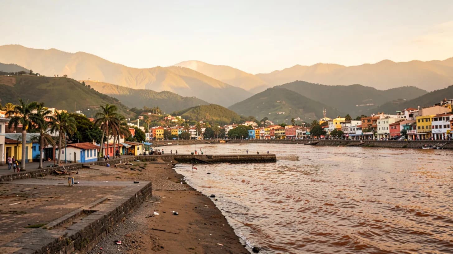 Golden-hour view along a riverside promenade in a small tropical city, palm trees and low colourful buildings beside a wide brown river with green hills behind.