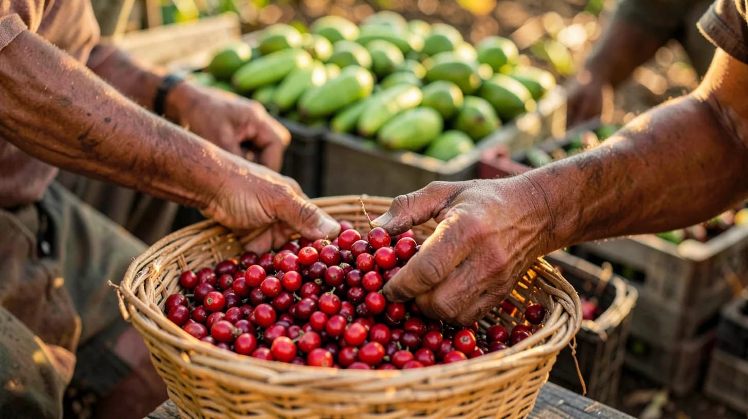 Close-up of weathered farmer hands sorting bright red coffee cherries in a woven basket, crates of lulo and green plantain in soft focus behind.