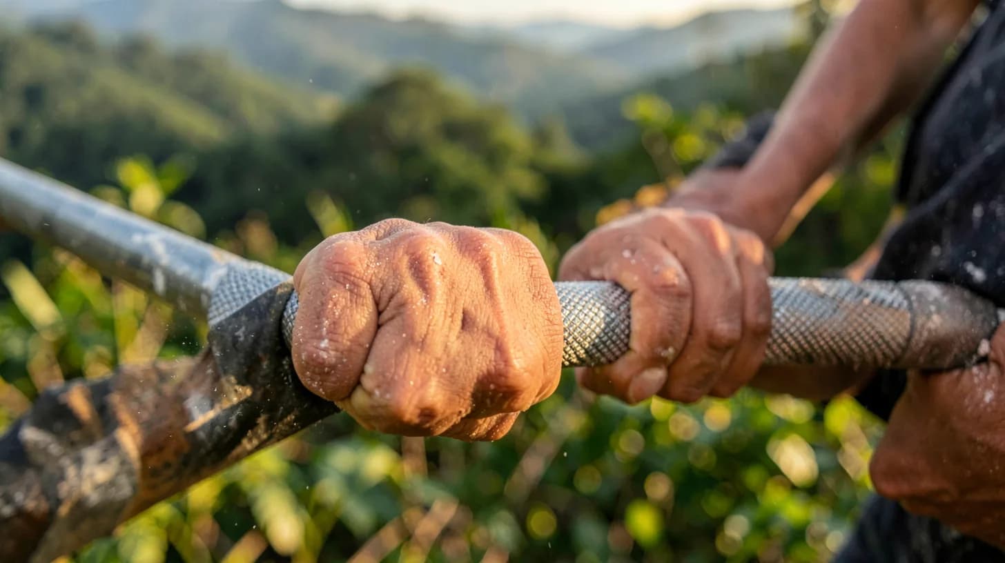 Close-up of chalked hands gripping a knurled steel barbell in warm golden light, green tropical hills blurred in the background
