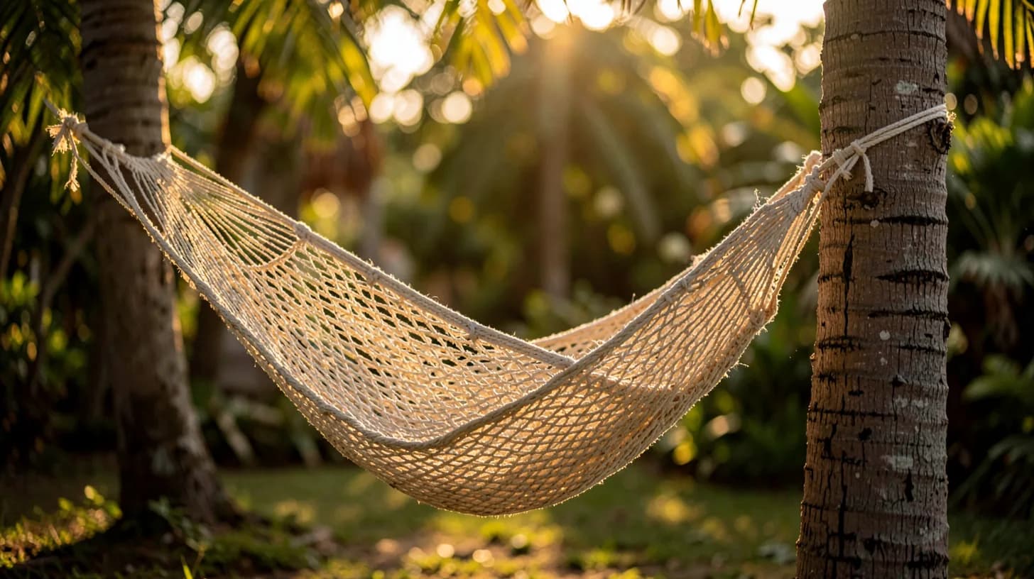 An empty woven cotton hammock swaying between two palm trunks, late afternoon sun flaring through the weave in a tropical garden