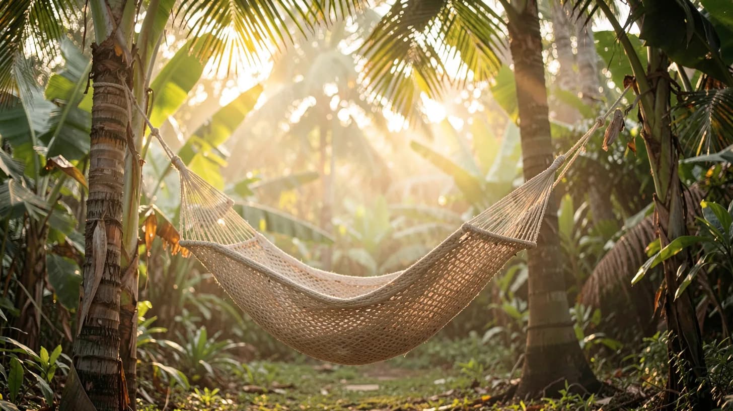 An empty woven cotton hammock strung between two palm trunks in a tropical garden, warm golden light filtering through banana leaves