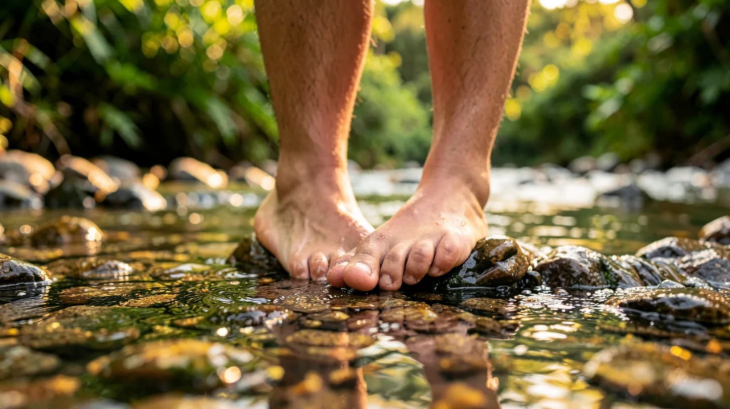 Low-angle close-up of bare feet stepping across smooth wet river stones in a shallow clear tropical stream, warm golden light on the water