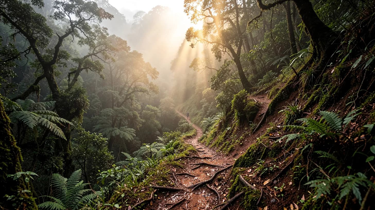A steep switchback trail through misty Andean cloud forest with a distant runner far up the slope