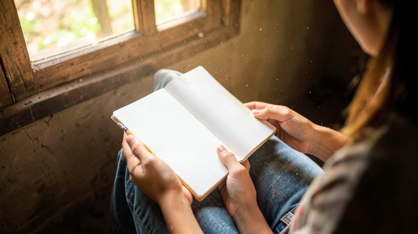 A young woman's hands from above holding an open blank notebook and a pencil on her lap, sunlight through a rustic wooden window frame, face out of frame.