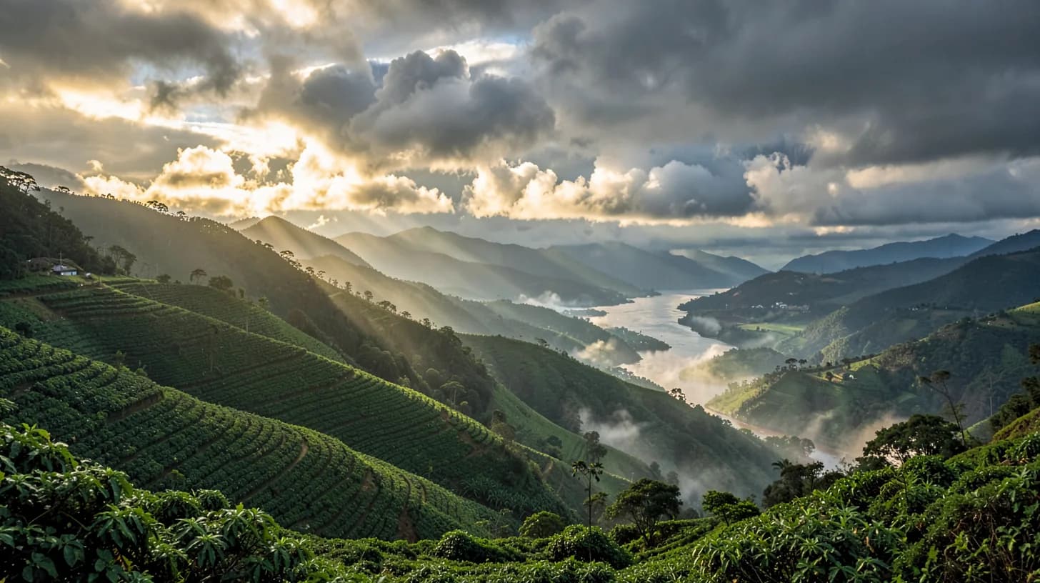 Wide view of layered green ridges in the Huila valley after rain, terraced hillsides catching low golden light under breaking clouds.