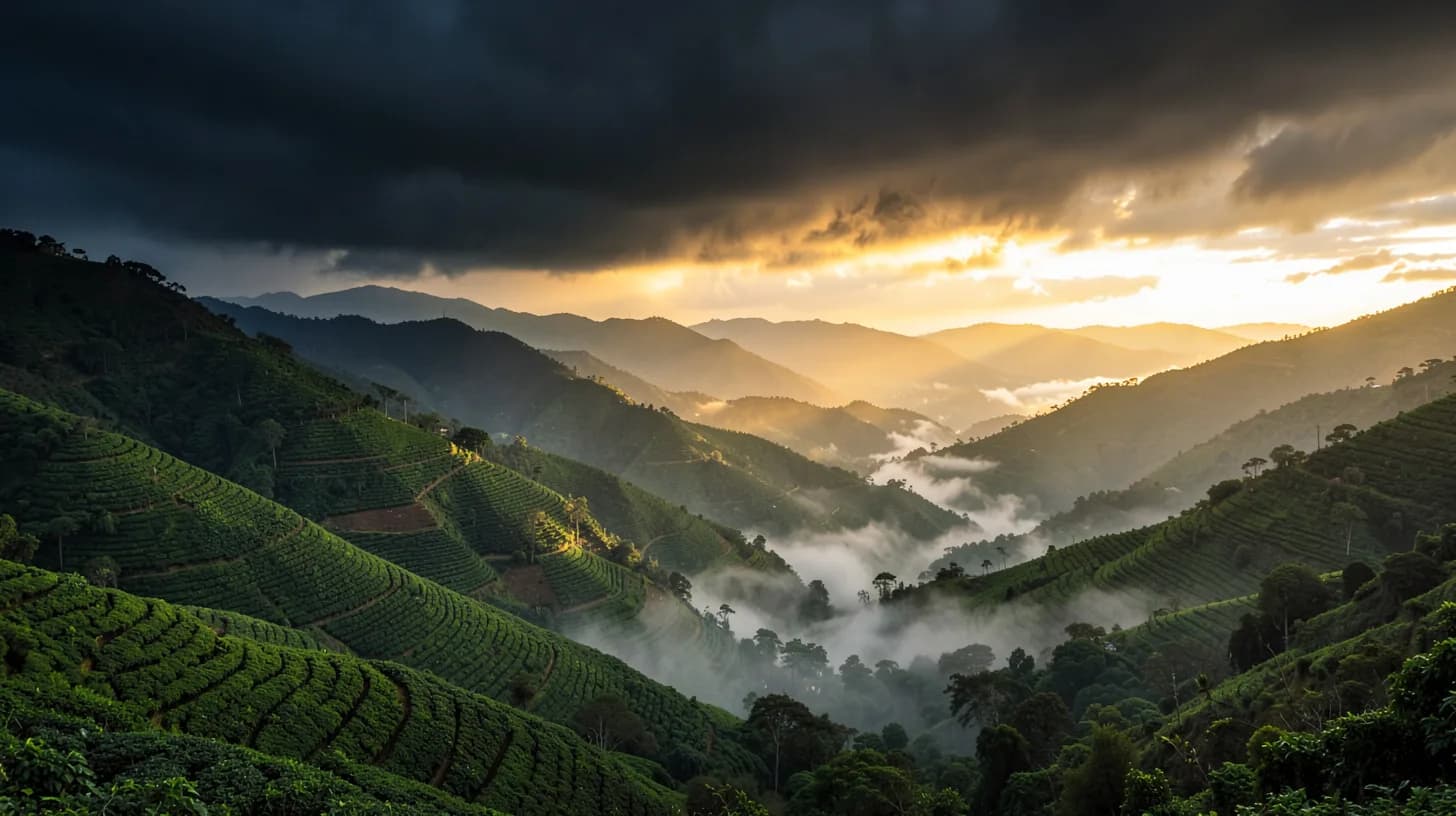 Wide view of the Huila valley, layered green ridges under a dark rain cloud on one side and warm low sunlight breaking through on the other, mist along the valley floor.