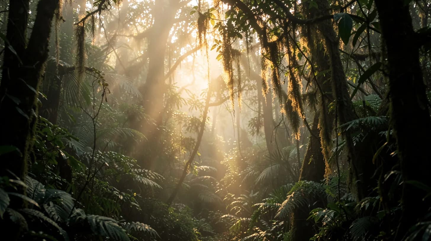 Misty tropical cloud forest at dawn, shafts of warm light cutting through layered leaves and hanging moss, no buildings in sight.