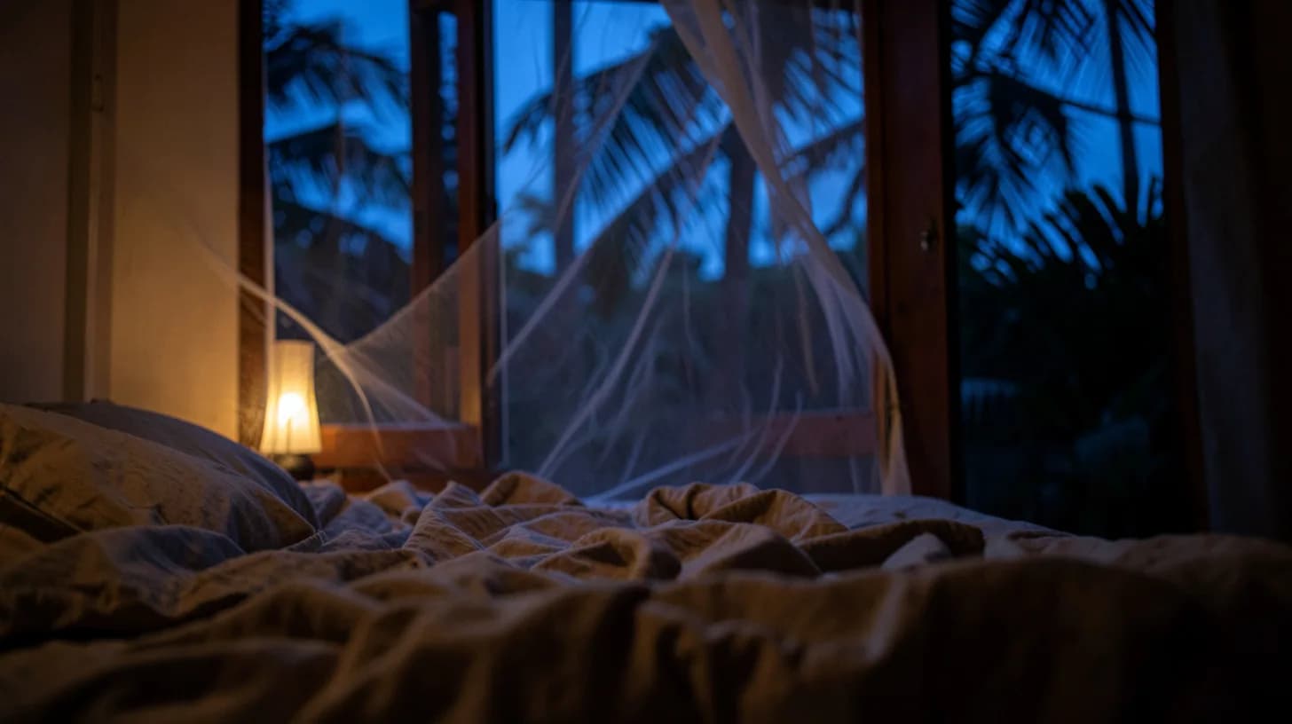 Linen bedding and a white mosquito net drifting at an open wooden window in warm lamplight at tropical dusk