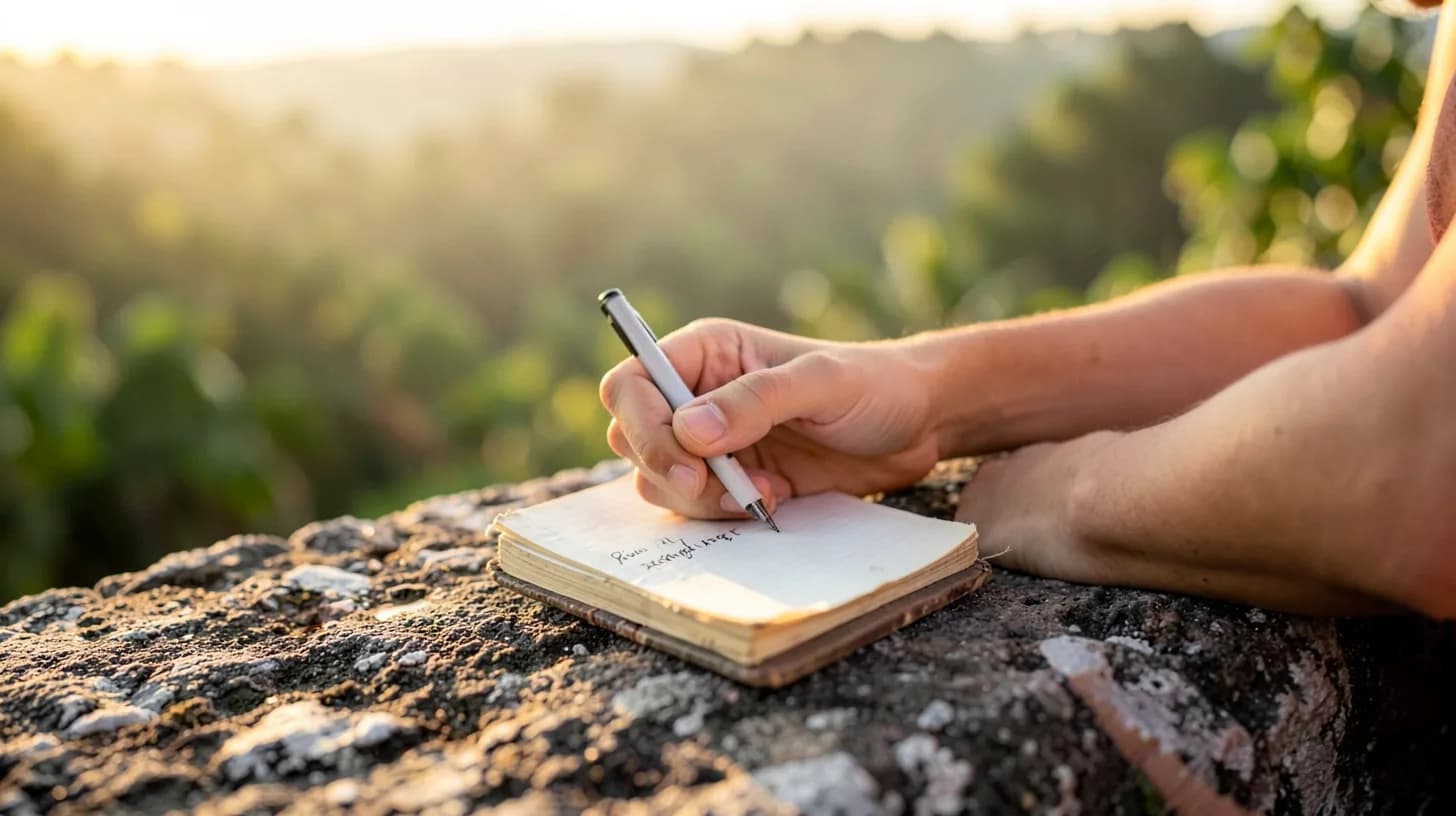 Close-up of hands writing a short line in a small worn notebook on a rough stone ledge beside a cup of black coffee, warm early morning light