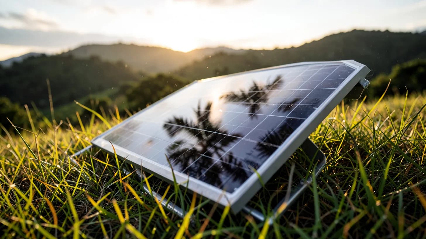 Backlit close-up of a solar panel resting at an angle in tall tropical grass, sky and palm fronds mirrored in the dark glass.