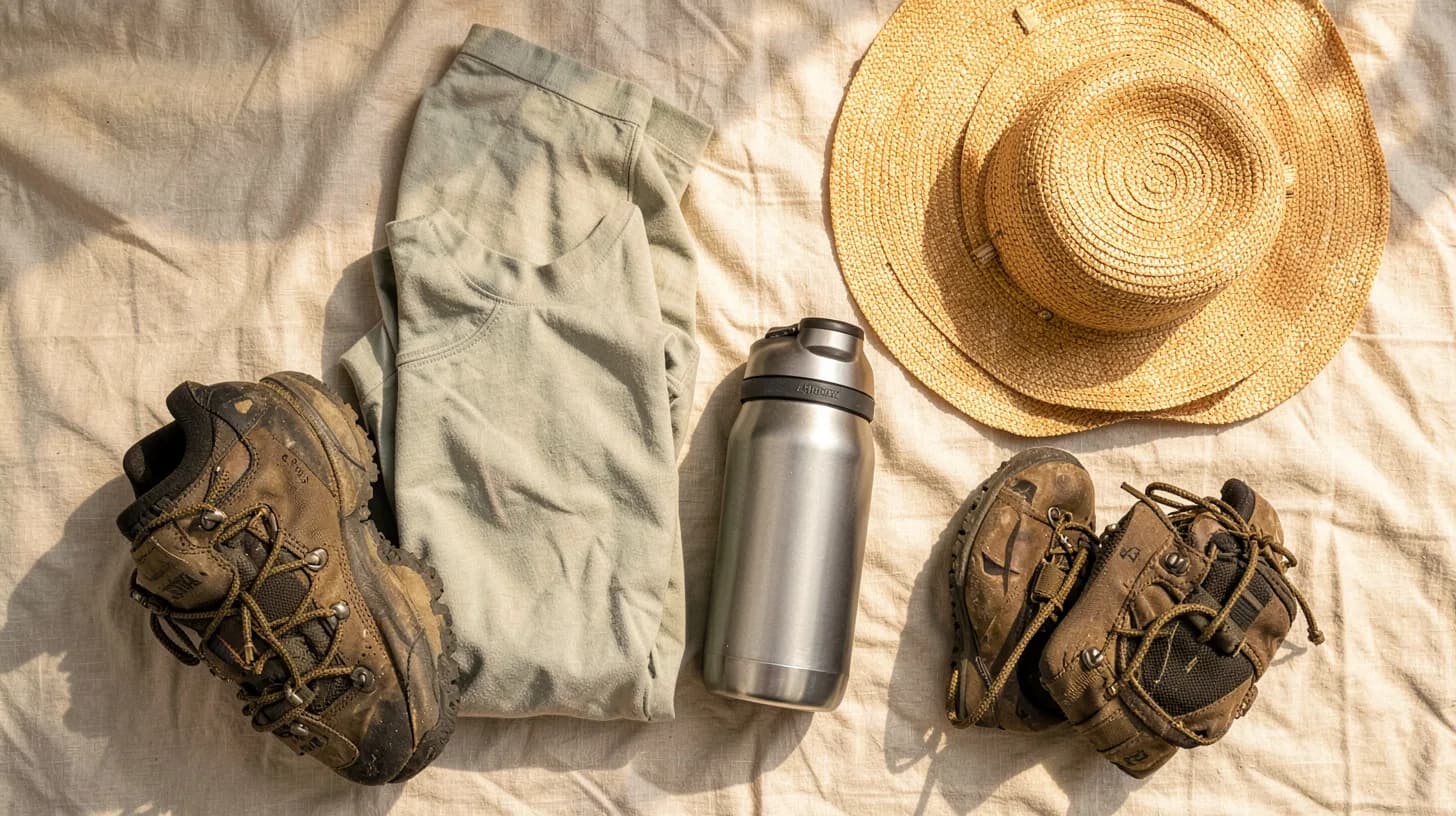 Flat lay seen from above of travel items on pale linen: rolled clothing, a wide-brim straw hat, hiking boots, a water bottle and sunglasses in warm light.